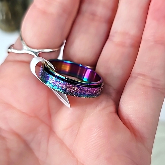 Titanium Stainless Steel ✦ Rainbow Sandblasted Anxiety Spinner Ring Unisex 11 - Picture 10 of 14